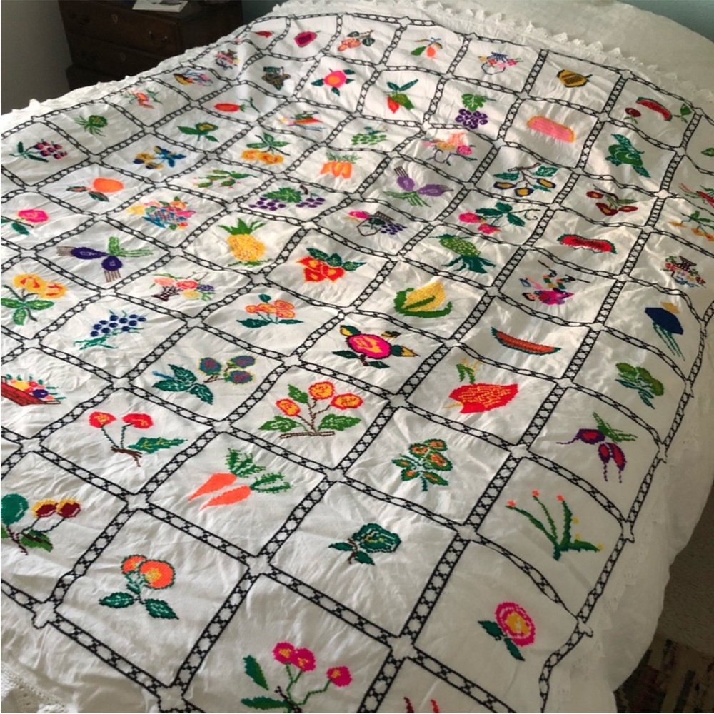 Hand-Embroidered Floral Patchwork Tablecloth - White with Multicolor Flowers